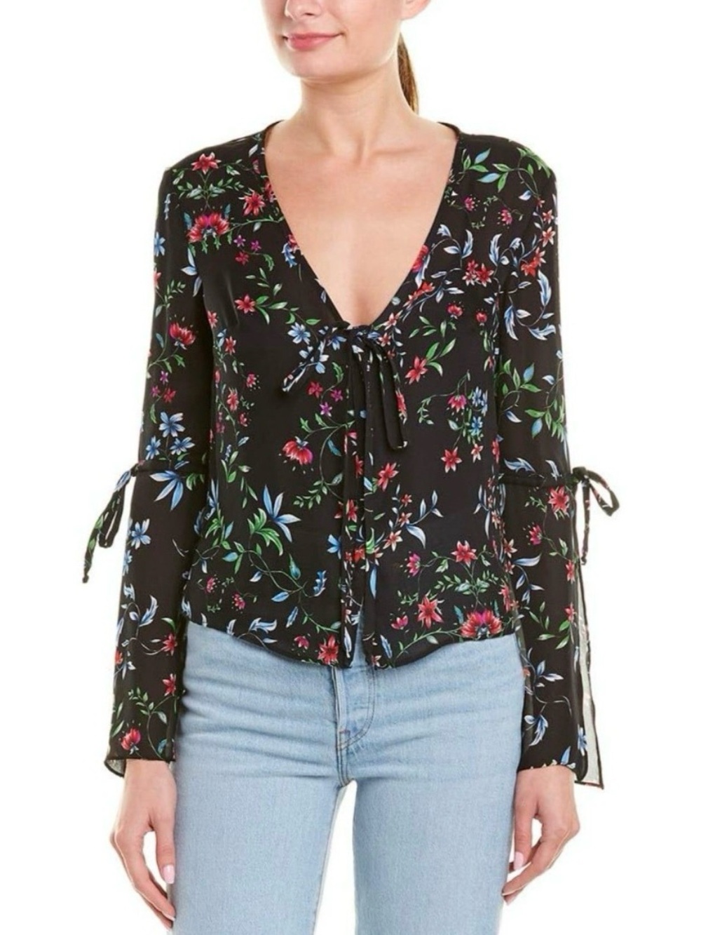 MILLY Maggie 100% silk wildflower floral print tie long sleeve blouse